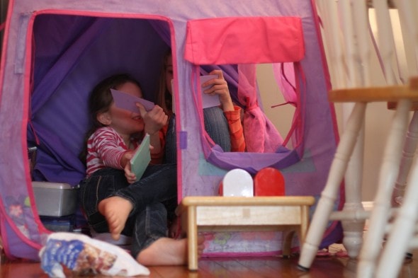 girls in pop-up tent