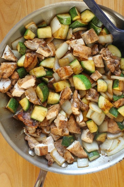 Hibachi chicken in a skillet.