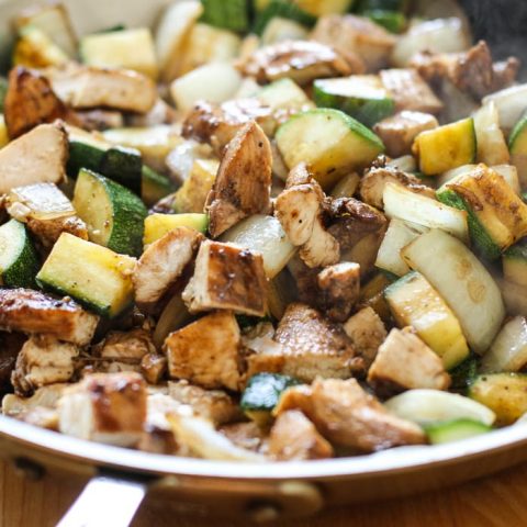 A skillet of hibachi chicken and shrimp.