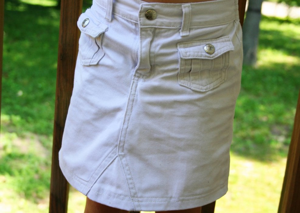 A refashioned knee-length khaki skirt.