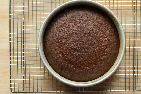 chocolate cake cooling in pan