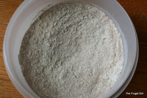Dry ingredients for bread in a mixing bowl.