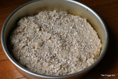 bread dough in a round pan, sprinkled with oats.