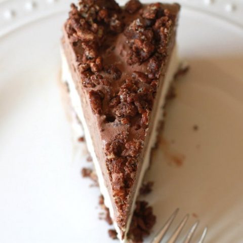 Overhead view of ice cream cake slice, on a white plate.