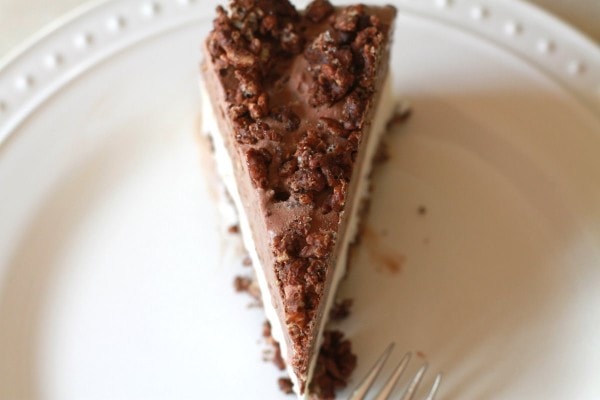 Overhead view of ice cream cake slice, on a white plate.