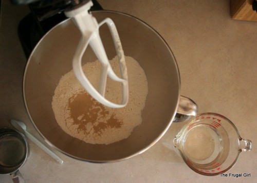 Overhead view of a mixer bowl.