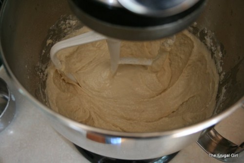 Bread dough in a Kitchen-aid mixer bowl.