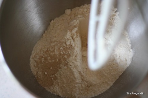 Dry ingredients in a mixer bowl.