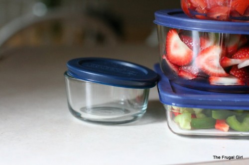 Pyrex containers on a countertop.