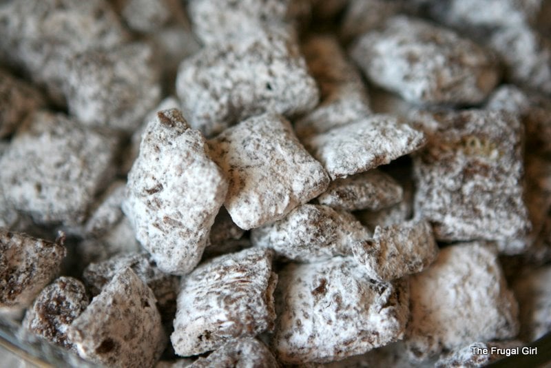 Cereal coated in peanut butter, chocolate, and powdered sugar.