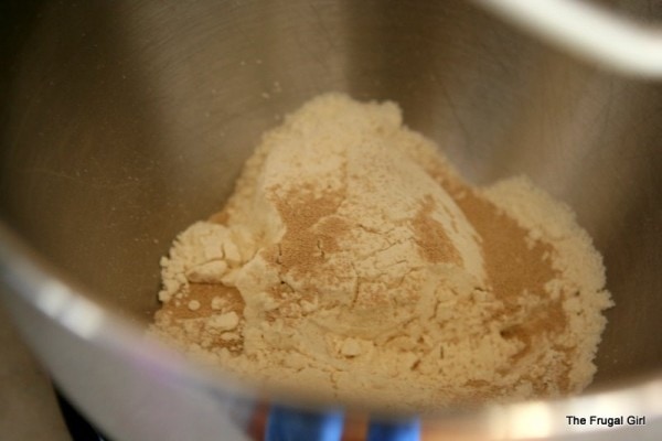 flour and yeast in a mixer bowl.
