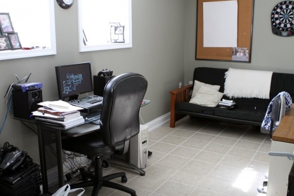 A tidy office with tile floors.