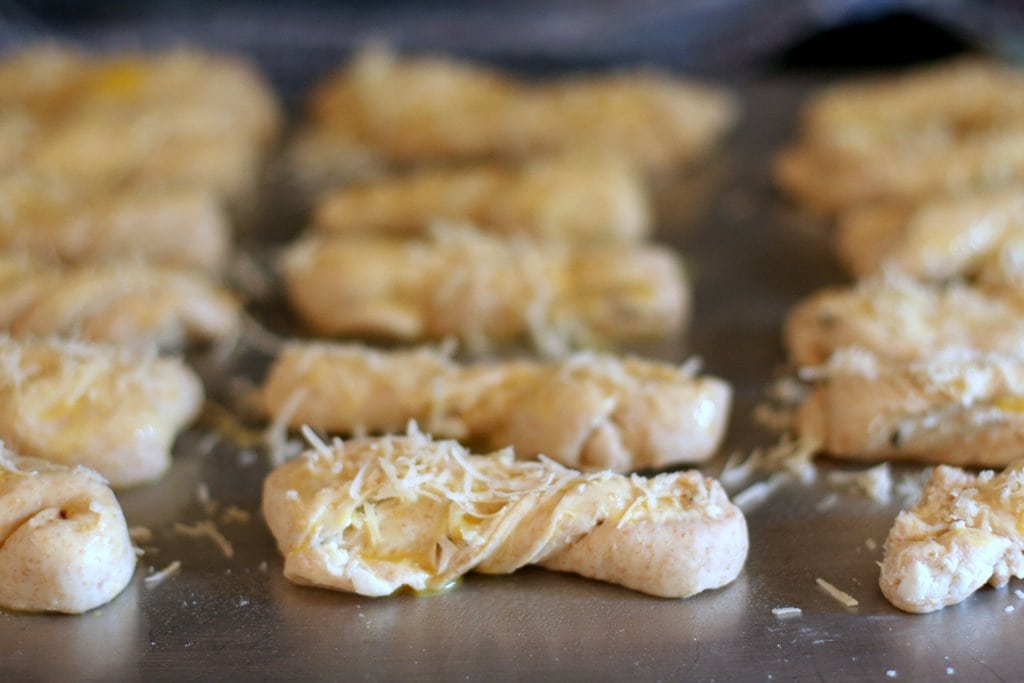 Italian cheese twists rising on a baking sheet.