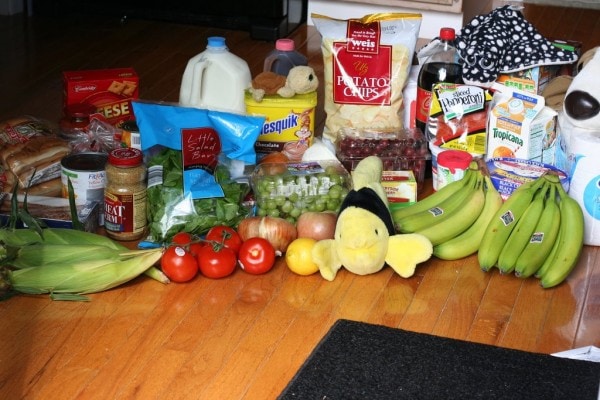 Aldi groceries arranged on the floor.