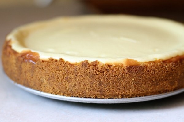 A finished and cooled cheesecake in a springform pan.