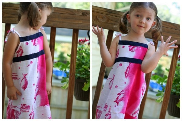 Two photos of Zoe wearing a fish dress.