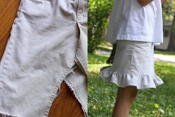 A pair of khaki pants turned into a ruffled skirt.