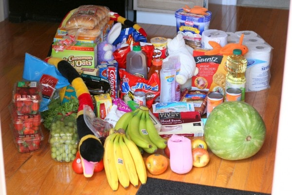 Aldi groceries arranged on the floor.