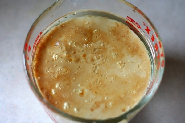 Wet ingredients in a measuring cup.