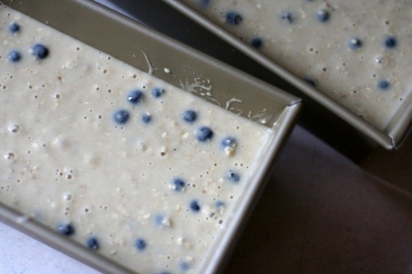 Blueberry batter in loaf pans.