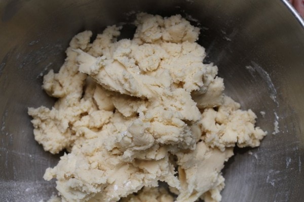 Shortbread dough in a bowl.