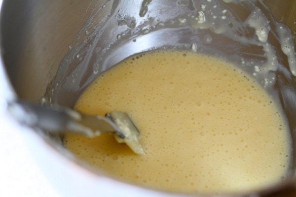 Beaten eggs in a bowl.