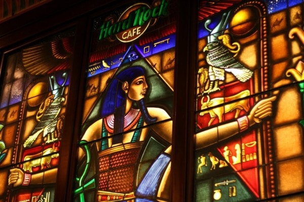 A Hard Rock Cafe stained glass wall.