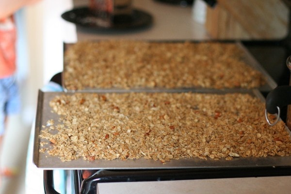 Baked granola on two sheets.