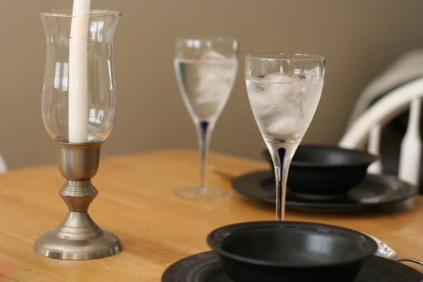 Two goblets filled with ice water.