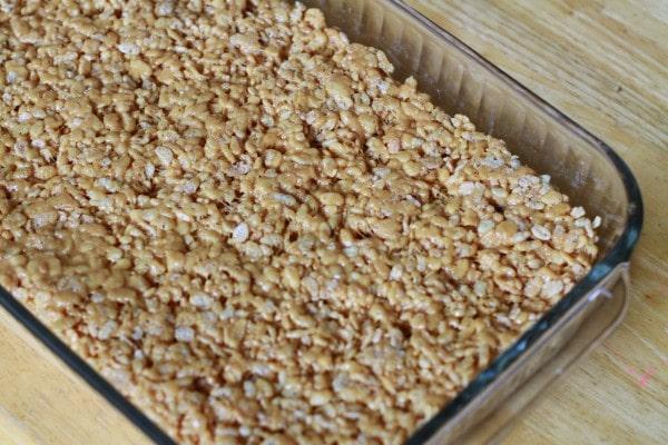 Rice Krispy treats in a pan.