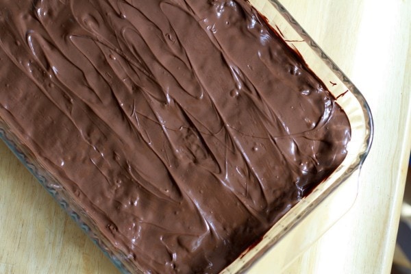 A pan of bars spread with chocolate frosting.