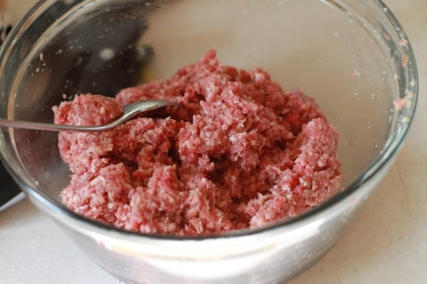 Raw hamburger meat in a bowl.