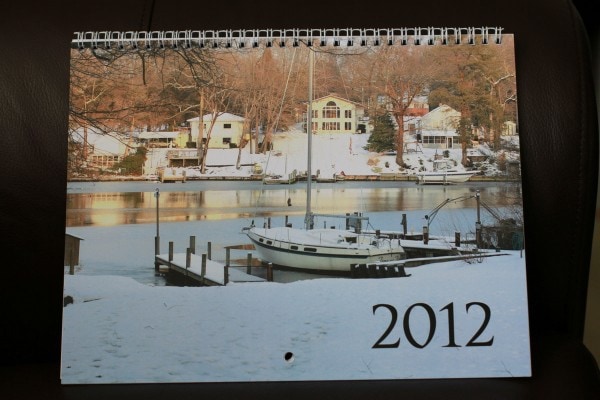 A snowy scene on a calendar cover.