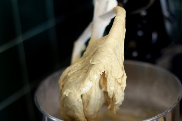 bread dough in a mixer.