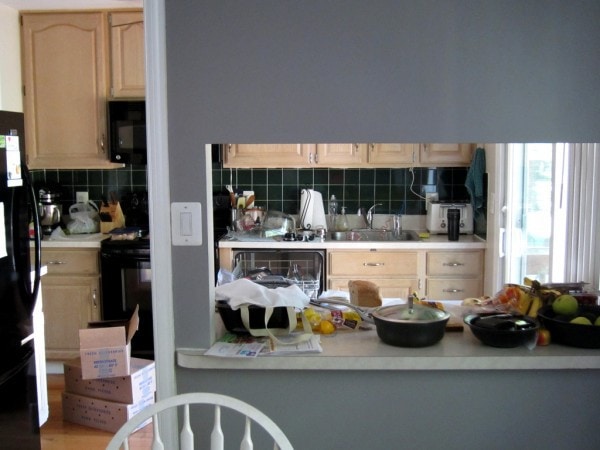 A messy kitchen view.