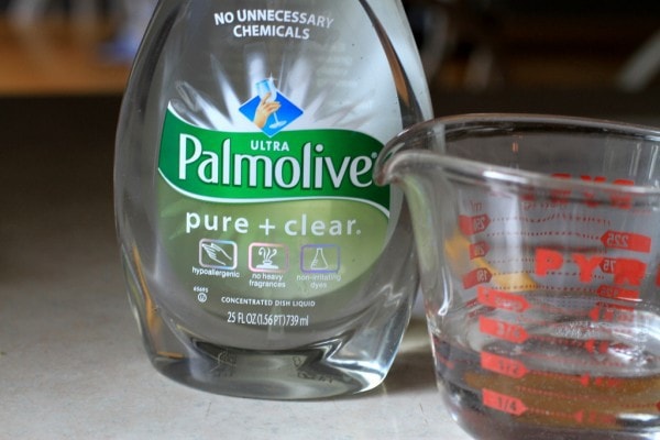 Dish soap next to a measuring cup.