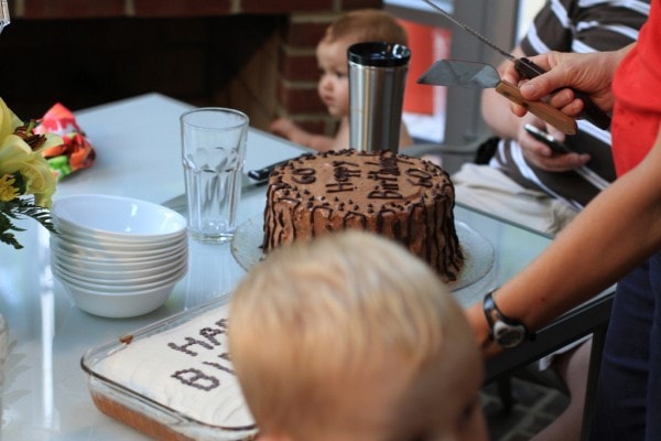 A chocolate birthday cake.