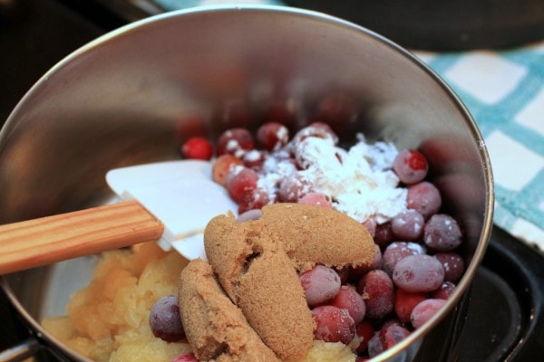 Cranberry filling in a pot on the stove.