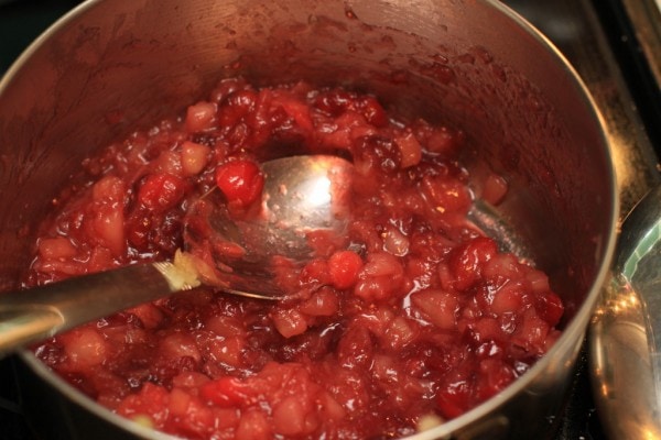 Cooked cranberries in a pot.