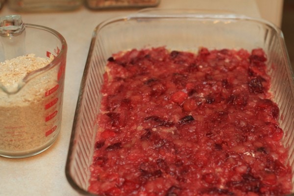 Cranberry filling, spread in a pan.