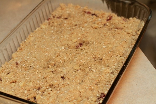 A crumb topping in a 9x13 pan.