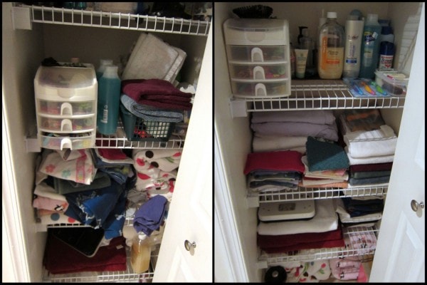 A before and after view of a linen closet after decluttering.