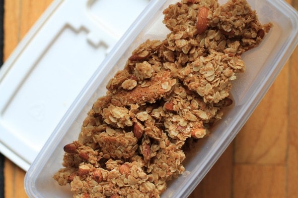 granola in a plastic container.