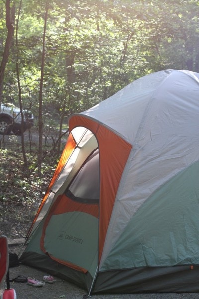 An REI pop up tent in the woods.