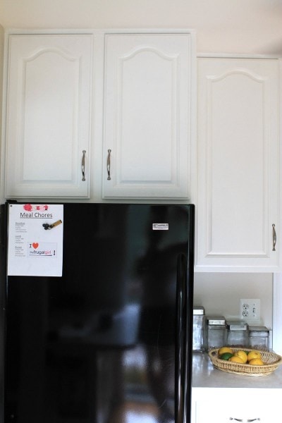 painted kitchen cabinets over fridge