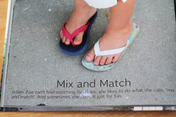 A photo of a girl with mis-matched flip-flops.