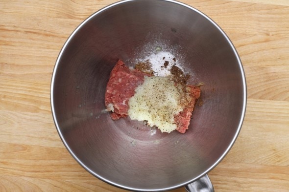 meatball ingredients in mixer bowl.