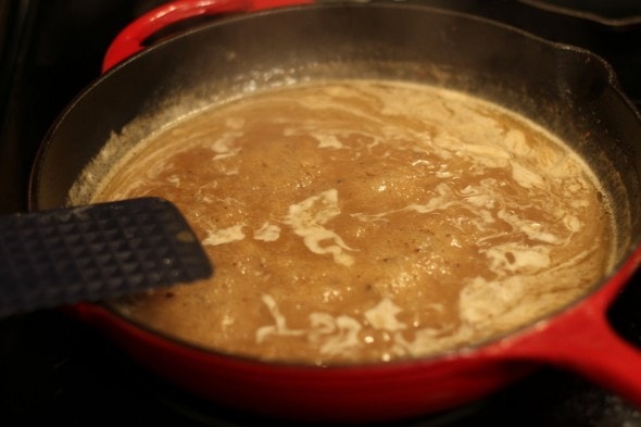 bubbling sauce in a skillet.