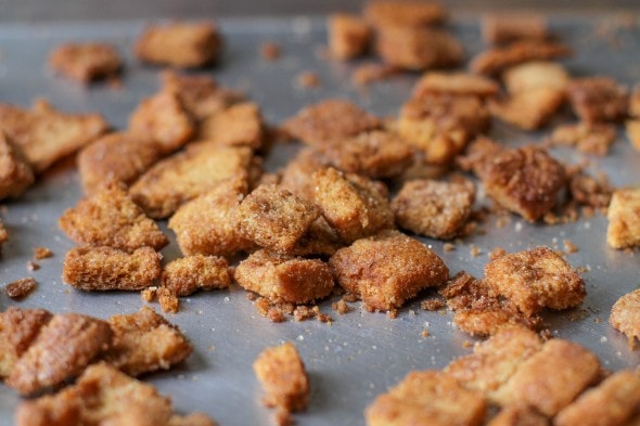 cinnamon croutons on a baking sheet.