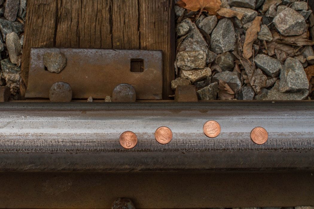 pennies on railroad tracks